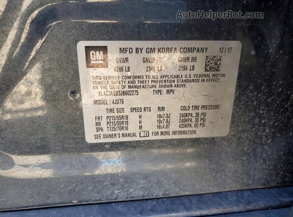 KL4CJASB3JB602275 2018 BUICK ENCORE Угольный Вид наклейки с VIN-кодом