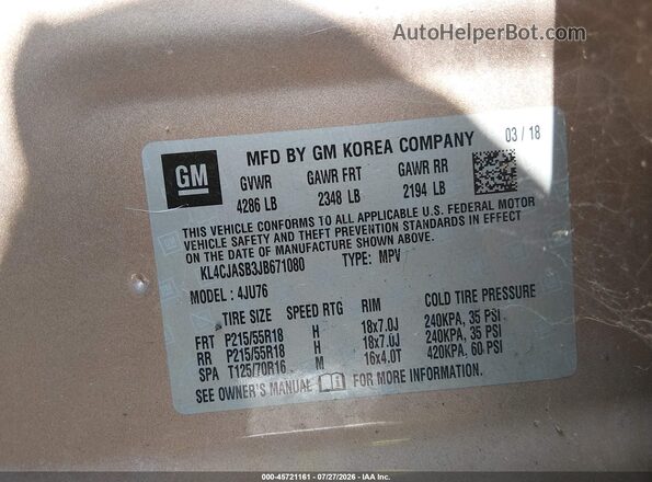 KL4CJASB3JB671080 2018 BUICK ENCORE Champagne Вид подкапотного пространства