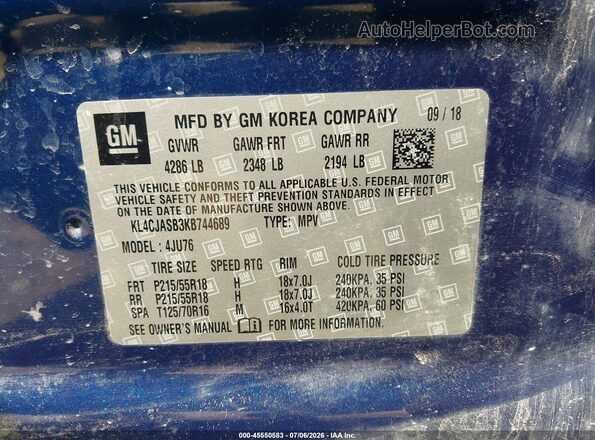 KL4CJASB3KB744689 2019 BUICK ENCORE Blue Vista del compartimento del motor