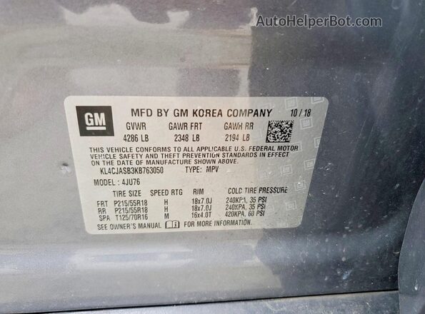 KL4CJASB3KB763050 2019 BUICK ENCORE Серый Вид наклейки с VIN-кодом