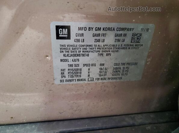 KL4CJASB3KB790748 2019 BUICK ENCORE Gold Widok komory silnika