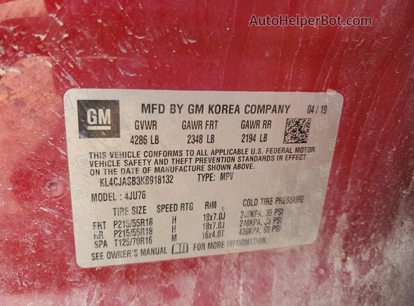 KL4CJASB3KB918132 2019 BUICK ENCORE Red ძრავის განყოფილების ხედი