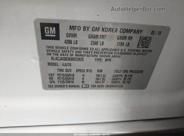 KL4CJASB3KB922925 2019 BUICK ENCORE White Շարժիչի բաժամունքի տեսք