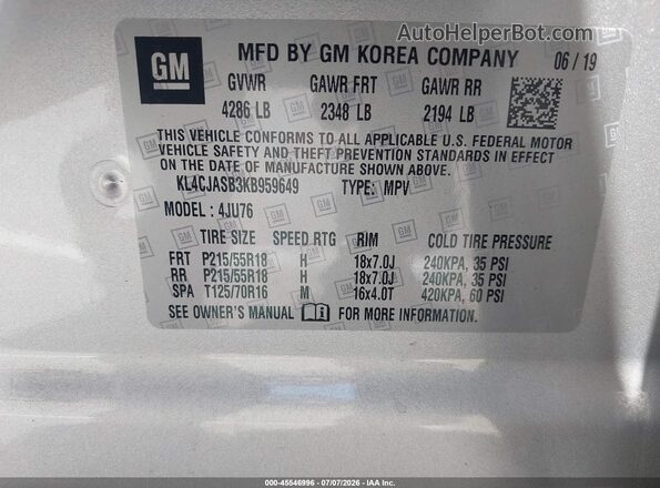 KL4CJASB3KB959649 2019 BUICK ENCORE Silver Widok komory silnika