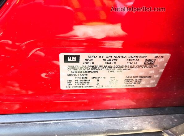 KL4CJASB3LB022608 2020 BUICK ENCORE Красный Вид наклейки с VIN-кодом