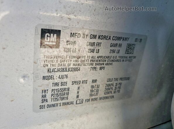 KL4CJASB3LB328854 2020 BUICK ENCORE Серебряный Вид наклейки с VIN-кодом