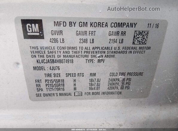 KL4CJASB4HB074918 2017 BUICK ENCORE Silver Widok komory silnika