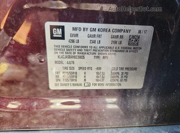 KL4CJASB4HB239835 2017 BUICK ENCORE Burgundy Панорамний вид салону 360°