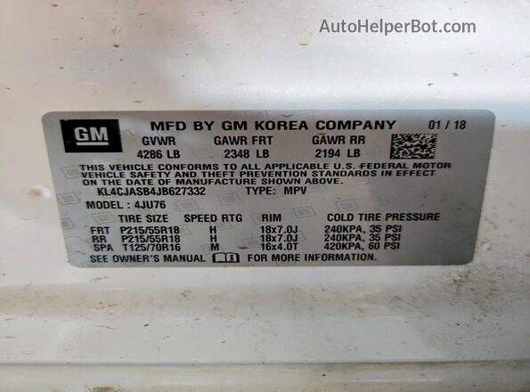 KL4CJASB4JB627332 2018 BUICK ENCORE White Շարժիչի բաժամունքի տեսք