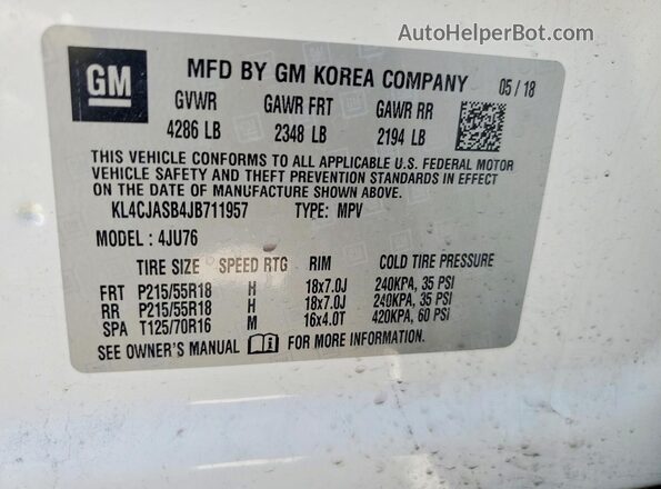 KL4CJASB4JB711957 2018 BUICK ENCORE White VIN կոդի պիտակի տեսք