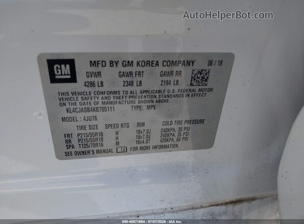 KL4CJASB4KB705111 2019 BUICK ENCORE White Vista del compartimento del motor