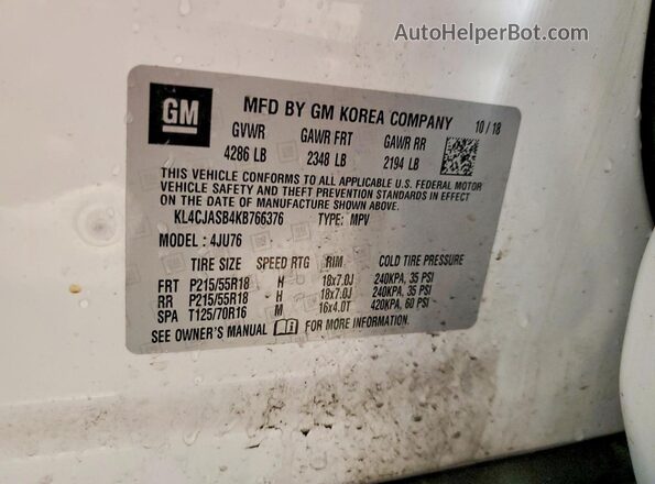 KL4CJASB4KB766376 2019 BUICK ENCORE White Панорамний вид салону 360°