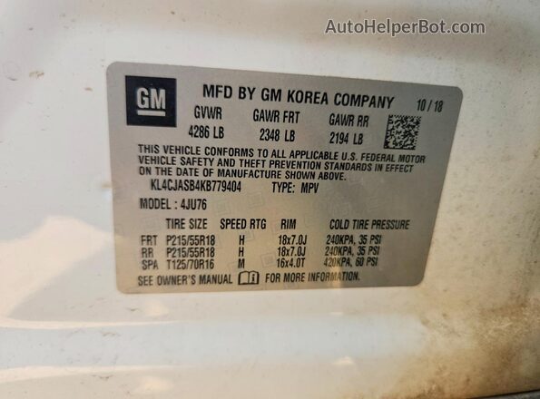 KL4CJASB4KB779404 2019 BUICK ENCORE White VIN կոդի պիտակի տեսք