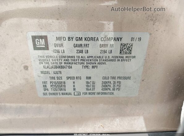 KL4CJASB4KB847104 2019 BUICK ENCORE Gold ძრავის განყოფილების ხედი