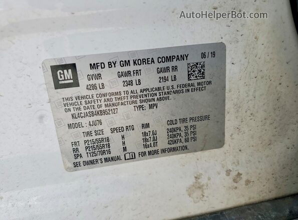 KL4CJASB4KB952127 2019 BUICK ENCORE Белый Вид наклейки с VIN-кодом