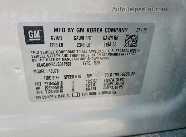 KL4CJASB4LB014503 2020 BUICK ENCORE Серебряный Вид наклейки с VIN-кодом