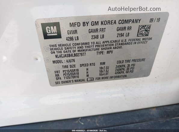 KL4CJASB4LB027977 2020 BUICK ENCORE White Widok komory silnika