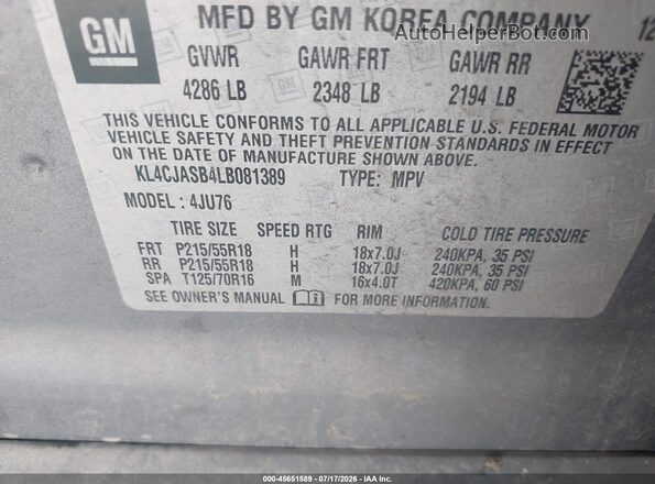 KL4CJASB4LB081389 2020 BUICK ENCORE Серый Вид подкапотного пространства