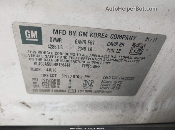 KL4CJASB5HB126444 2017 BUICK ENCORE White Вид підкапотного простору