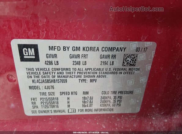 KL4CJASB5HB157659 2017 BUICK ENCORE Red Vista del compartimento del motor