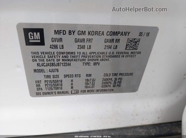 KL4CJASB5JB712244 2018 BUICK ENCORE White Vista del compartimento del motor