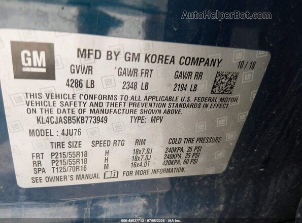 KL4CJASB5KB773949 2019 BUICK ENCORE Blue Vista del compartimento del motor