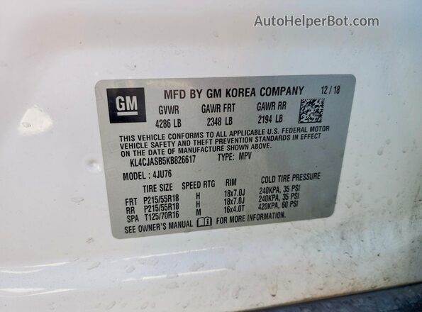 KL4CJASB5KB826617 2019 BUICK ENCORE White Engine compartment view