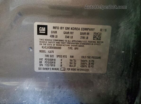 KL4CJASB5KB866969 2019 BUICK ENCORE Gray VIN sticker view