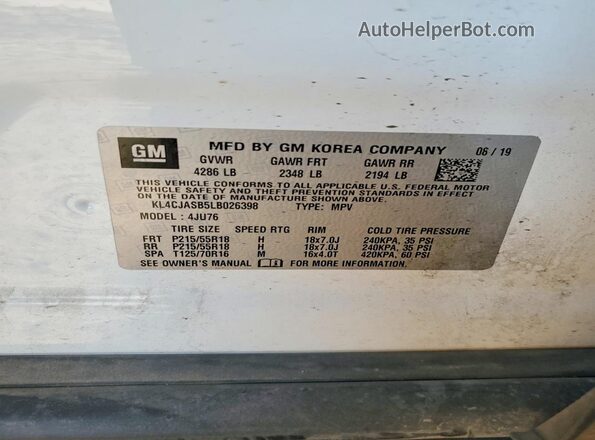 KL4CJASB5LB026398 2020 BUICK ENCORE Белый Вид наклейки с VIN-кодом