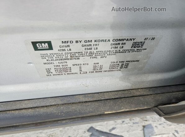 KL4CJASB5MB307036 2021 BUICK ENCORE Silver Вид наклейки з VIN-кодом