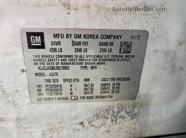 KL4CJASB6JB578893 2018 BUICK ENCORE White Vista de la etiqueta del VIN