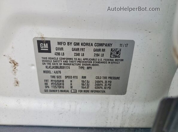 KL4CJASB6JB591174 2018 BUICK ENCORE White VIN კოდის სტიკერის ხედი