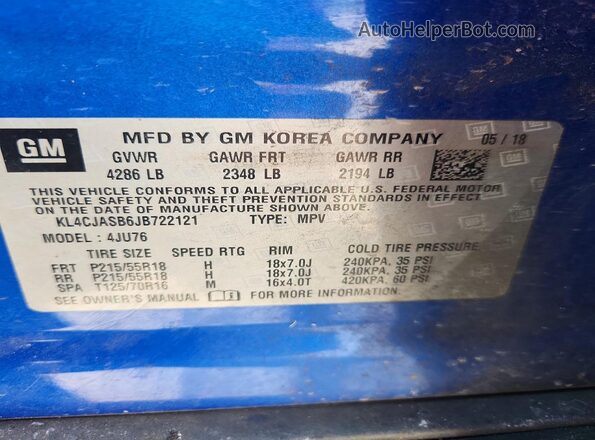 KL4CJASB6JB722121 2018 BUICK ENCORE Blue Вид наклейки з VIN-кодом