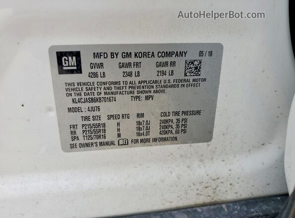 KL4CJASB6KB701674 2019 BUICK ENCORE Белый Вид подкапотного пространства