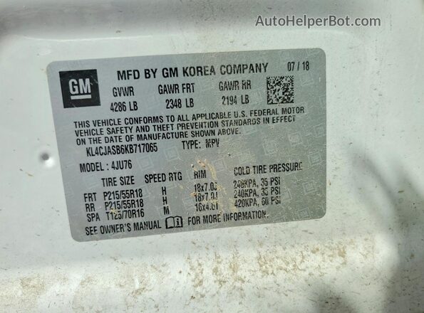 KL4CJASB6KB717065 2019 BUICK ENCORE White ძრავის განყოფილების ხედი