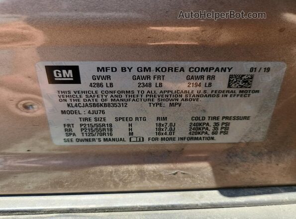 KL4CJASB6KB835312 2019 BUICK ENCORE Желто-коричневый Вид наклейки с VIN-кодом