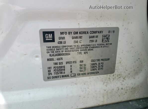 KL4CJASB6KB839554 2019 BUICK ENCORE White Widok wnętrza 360 stopni