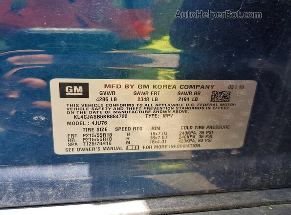 KL4CJASB6KB884722 2019 BUICK ENCORE Blue Вид наклейки з VIN-кодом