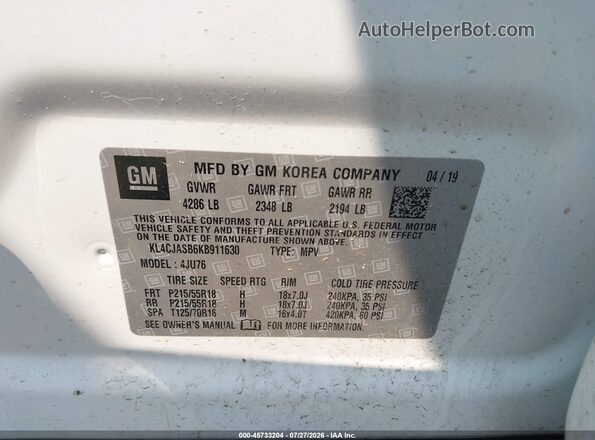 KL4CJASB6KB911630 2019 BUICK ENCORE White ძრავის განყოფილების ხედი