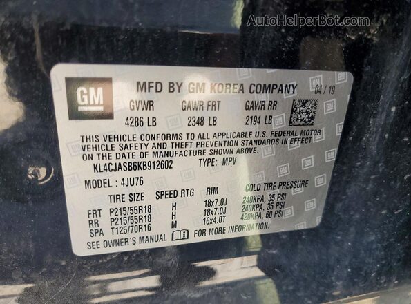 KL4CJASB6KB912602 2019 BUICK ENCORE Black VIN sticker view