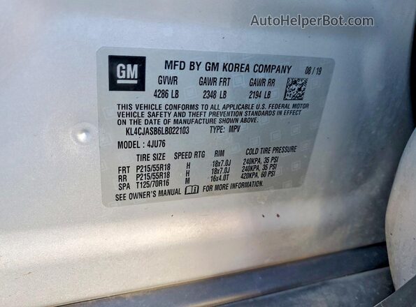 KL4CJASB6LB022103 2020 BUICK ENCORE Silver Вид наклейки з VIN-кодом