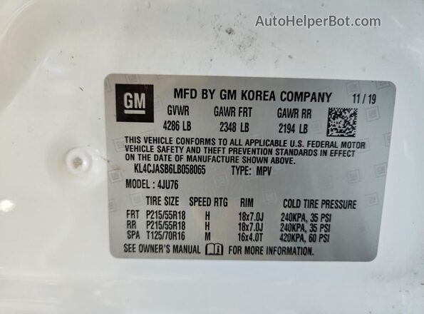 KL4CJASB6LB058065 2020 BUICK ENCORE White Engine compartment view