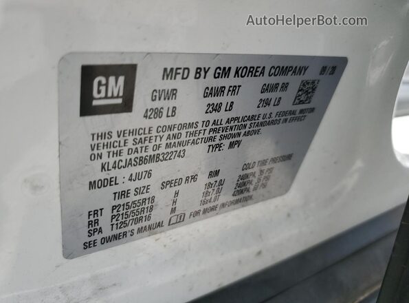 KL4CJASB6MB322743 2021 BUICK ENCORE Белый Вид наклейки с VIN-кодом