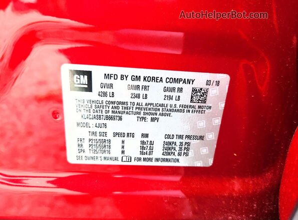 KL4CJASB7JB669736 2018 BUICK ENCORE Red VIN sticker view