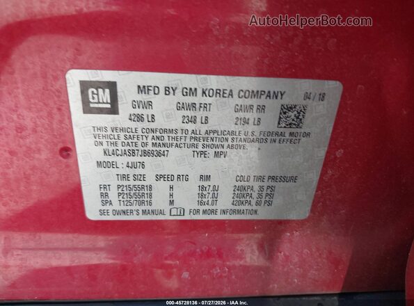 KL4CJASB7JB693647 2018 BUICK ENCORE Red ძრავის განყოფილების ხედი