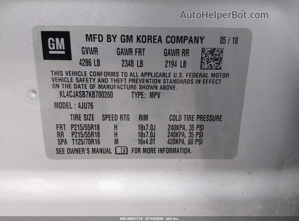 KL4CJASB7KB700260 2019 BUICK ENCORE Silver Շարժիչի բաժամունքի տեսք