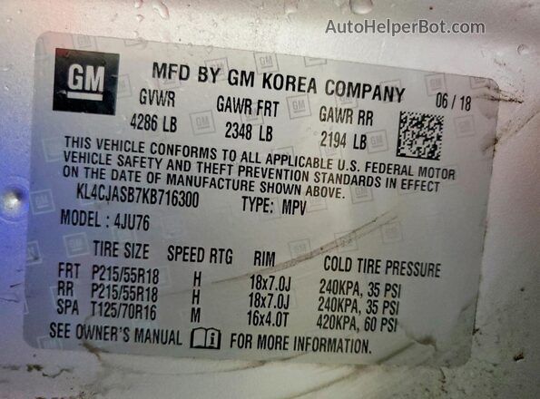 KL4CJASB7KB716300 2019 BUICK ENCORE Silver Widok naklejki z numerem VIN