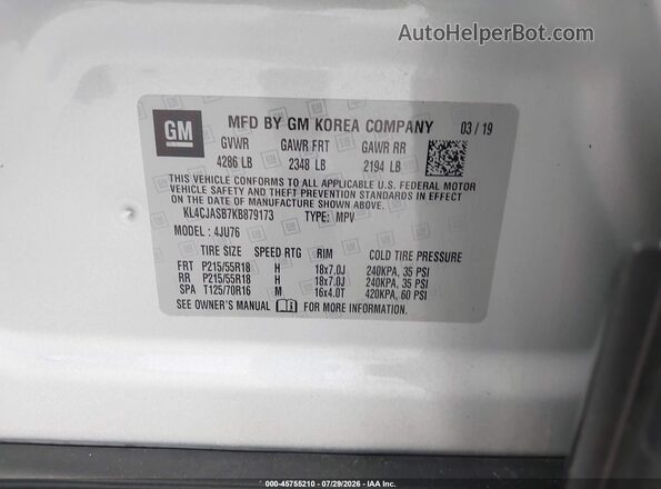 KL4CJASB7KB879173 2019 BUICK ENCORE Silver ძრავის განყოფილების ხედი