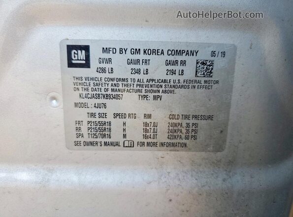 KL4CJASB7KB934057 2019 BUICK ENCORE Silver VIN კოდის სტიკერის ხედი