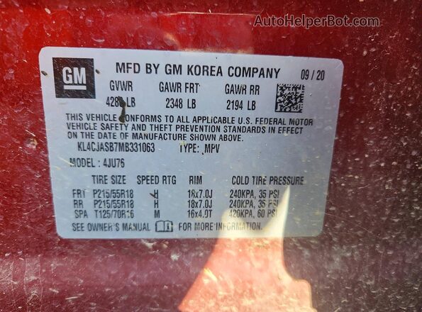 KL4CJASB7MB331063 2021 BUICK ENCORE Red Вид наклейки з VIN-кодом
